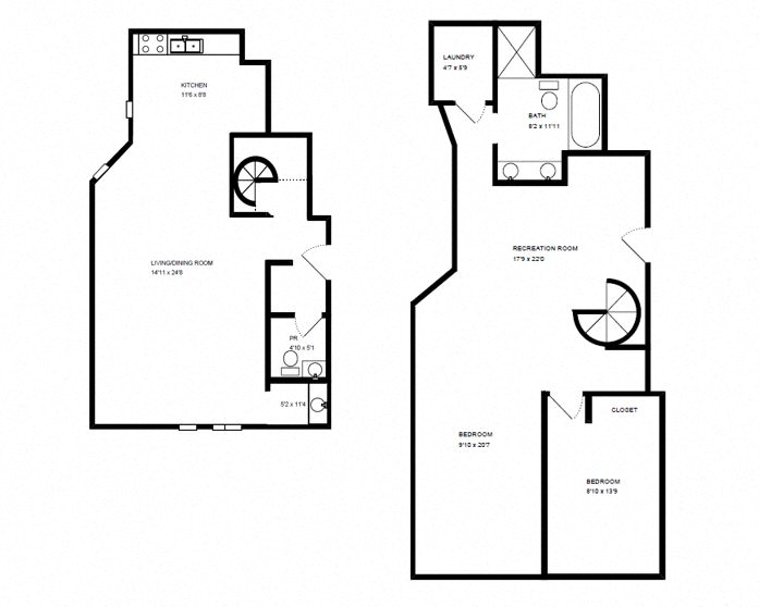 Floor plan for 2 beds, 1 bath, 1192 sqft